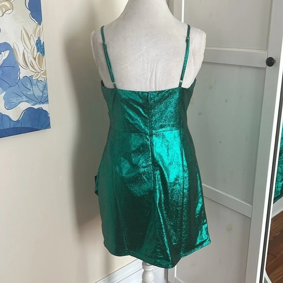 Lulus Always Envied Green Metallic Gathered Mini Dress - Size L - Picture 7 of 15